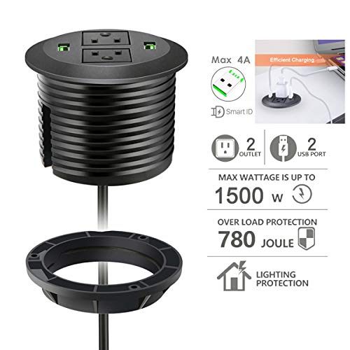 Power Grommet with USB,Desktop Power Outlet With 2 AC Outlet and 2 Quick USB Charging Ports.Power Socket with 6ft Heavy Duty Extension Cord & Easy Mounting.