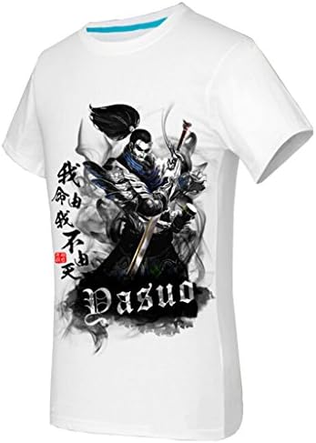 2016 Men's Brand new T-Shirt League of Legends T-Shirt LOL Short Sleeved Cotton Mat Comes in 15 Patterns Black and White (XXL, Yasuo White)