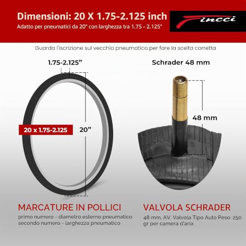 Fincci Inner Tube 20 x 1.75 – 2.125 Inches – Schrader Valve 48 mm for MTB, BMX, Off-Road or Children Bikes – Compatible Size Air Chambers: 1.75/1.95/2.0/2.1/2.125