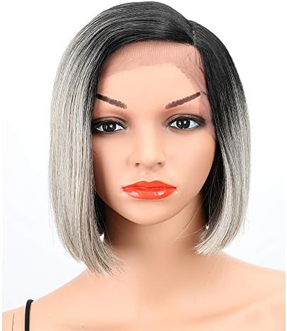 Eliza Short Bob Wigs L Part Lace Front Wigs with Baby Hair Heat Resistant Synthetic Wigs For Black Women Half Hand Tied 130% Density Ombre Blonde Wigs with Dark Roots(Ombre Gray)