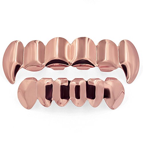 JINAO New Custom Fit Gold Plated Hip Hop Teeth Grillz Caps Fangs Top & Bottom Grill Set Vampire Teeth (Rose Gold Vampire Set) â€¦