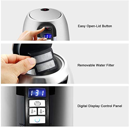 Geek Chef Electric Kettle 1.7Liter Electric Kettle with Temperature Control 304 Stainless Steel Housing, Hot Water Boiler with LED Indicator, Fast Boiler Auto Shut-Off 60 Minutes Keep Warm, BPA-Free