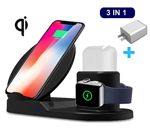 MQOUNY Wireless Charger, Upgrade 3 in 1 Wireless Charging Stand for Apple Watch,Charging Station for Airpods,Fast Wireless Charger Dock for All QI Phone with Charger Adapter (Black)