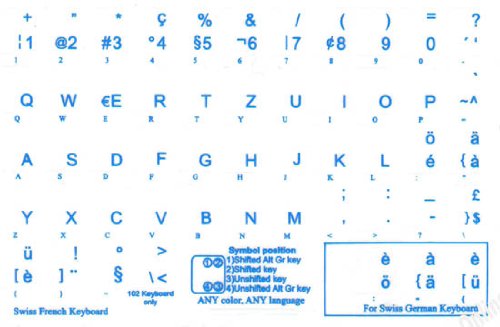 SWISS FRENCH GERMAN KEYBOARD STICKERS TRANSPARENT BACKGROUND BLUE LETTERING FOR ALL PC DESKTOP COMPUTER LAPTOP