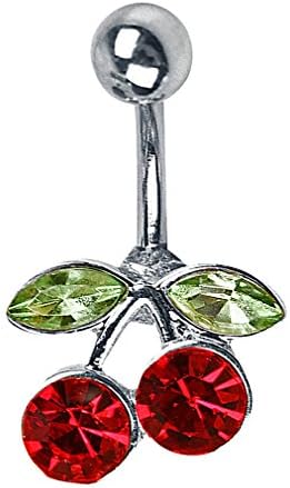 Special Jewelry, Cute Stainless Steel Red Green Crystal Double Cherry Stalk Navel Ring