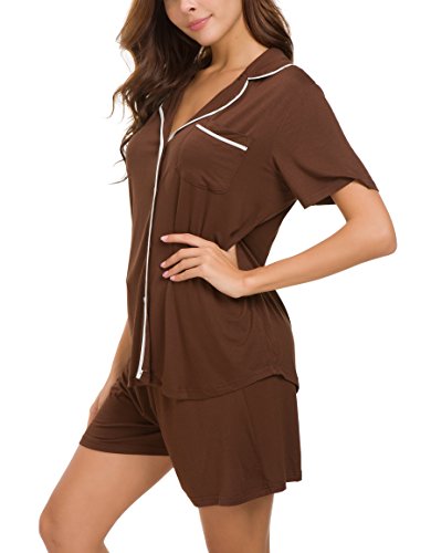 Invug Women Short Sleeve Nightwear Shirts Shorts Pajama Set Sleepwear Loungewear Brown L
