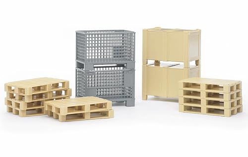 Bruder 02415 Logistics Set with Pallets, Warehouse and Trailer Bins, and Forklift Crates, 14 Piece Set