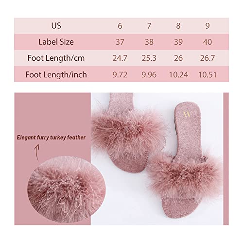 Amélie Home Women\'s Sexy Fashion Slide Slippers - Blush Furry Turkey Feather Open Toe Comfy Fuzzy Suede Lined House Sandals for Spring & Summer,Size 6