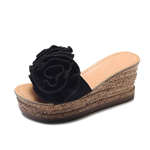 New Summer Slippers Women Fashion Beach Flip Flops High Heel Platform Ladies Flowers Wedge Sandals,Black,8.5