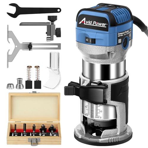 Photo 1 of AVID POWER 6.5 Amp 1.25 HP Compact Router Tools for Woodworking, Fixed Base Wood Router with Trim Router Bits, 6 Variable Speeds, Edge Guide, Roller Guide, Dust Hood (Blue, 65mm)