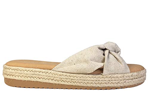 BAMBOO Women's Knotted Cross Band Espadrilles Platform Slide Sandal, Natural Fabric, 6.0 B (M) US