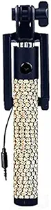 Malika Wired Silver Crystal Rhinestones Mini Selfie Stick for iPhone 6+, 6, 5, 5S, 5c, 4S, 4, BlackBerry, LG, Samsung and Other Android Smart Phones,