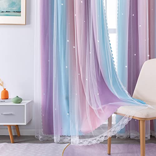 XiDi Kids Curtains for Bedroom Girls Rainbow Blackout Pink Curtains Purple Princess Room Decor 52 Inch Wide 2 Panels