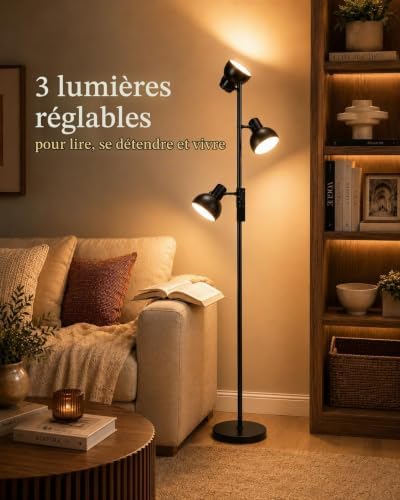 Lampadaire LED Salon 36W Dimmable, 3 Têtes Orientables, AVEN FL08