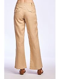 Pantalones de dama con cierre de botón, pierna ancha, 100% lino, con cordón en la cintura