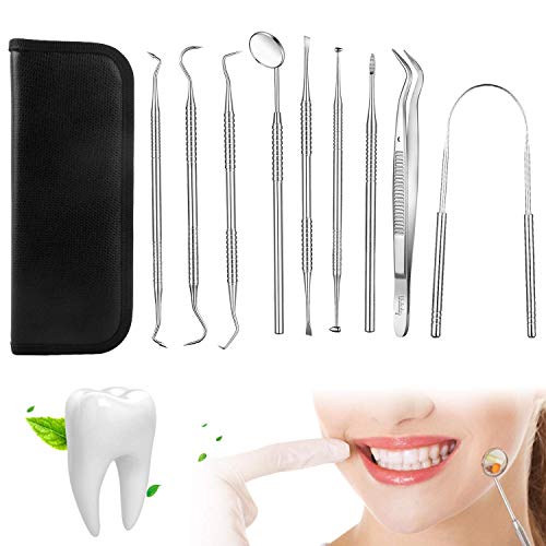 Dental Tools Wolady 9pcs Dental Scaler Oral Care Kit Dental Picks Stainless Steel Dental Kit Set, Mouth Mirror Tooth Scraper Tooth Picks Plaque Tartar Remover Teeth Cleaning Tool for Personal