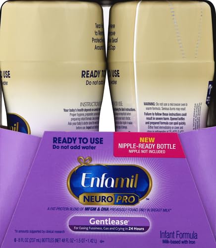 ENFAMIL GENTLEASE READY TO FEED BABY FORMULA, EASES GAS, FUSSINESS, CRYING & SPIT-UP IN 24 HOURS, READY TO USE 8 FL OZ, PACK OF 6, TOTAL 48 FL OZ
