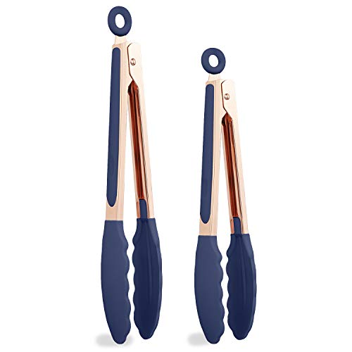 COOK with COLOR Stainless Steel Silicone Tipped Kitchen Food BBQ and Cooking Tongs Set of Two 9” and 12” for Non Stick Cookware, BPA Fee, Stylish, Sturdy, Locking, Grill Tongs, Rose Gold and Navy
