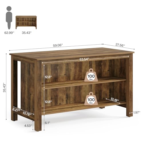 Tribesigns Kitchen Island with Seating and Storage, 59-Inch Large Farmhouse Stationary Island Table for Kitchen, 3-Tier Counter Height Coffee Bar Tables for Dining Room, Rustic Brown
