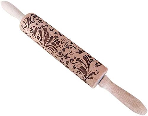 Crewell Christmas Rolling Pin Engraved Carved Wood Embossed Rolling Pin Kitchen Tool (Butterfly)