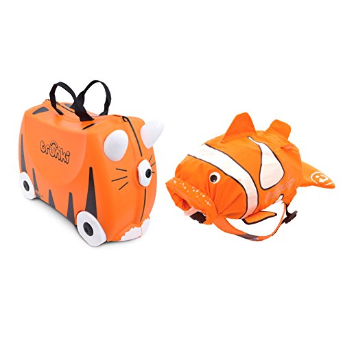 Trunki Original Kids Ride-On Suitcase and Carry-On Luggage with PaddlePak Water-Resistant Backpack Bundle, Orange