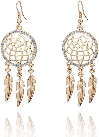 BIRSTONE Dazzling Czech Rhinestone Dream Catcher Feather Drop with Fish Hook, Rose Gold Tone