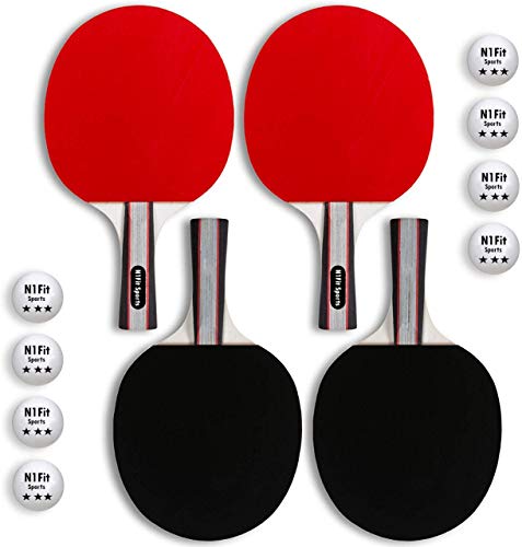 N1Fit Ping Pong Paddle Set - Includes 4 Player Rackets, 8 Professional Table Tennis Balls, Portable Storage Case for Indoor-Outdoor Play