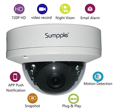 Sumpple Wired Night Vision Infrared 720P 1.0MP Security Internet Dome IP Network Camera, Motion Sensor Detection, 8X Digital Zoom, Video Record, Email Alarm, Work on iPhone, Android Phone or PC