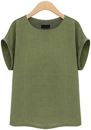 Prapra Women's Casual Loose Short Sleeve Round Collar Cotton Linen Shirt Blouse Tops Plus Size Blouse XL-5XL