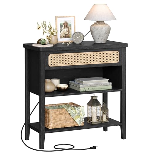 VASAGLE Console Table with Power Outlets, Entryway Table with Storage Shelf, Sofa Table with Drawer, Open Compartment, Rounded Corners, for Living Room, Boho Style, Ash Black ULNT140B21