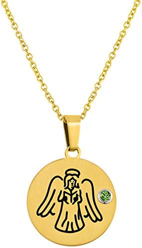 Yellow Tinted Stainless Steel Necklace w/Swarovski Birthstone Angel Disc Pendant - August