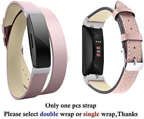 Compatible for Fitbit Inspire/Inspire HR Genuine Leather Straps,Fitbit Inspire/Inspire Accessory Real Leather Bands Soft Wristband Bracelet (Pink, Double Wrap(5.3”- 6.6"))