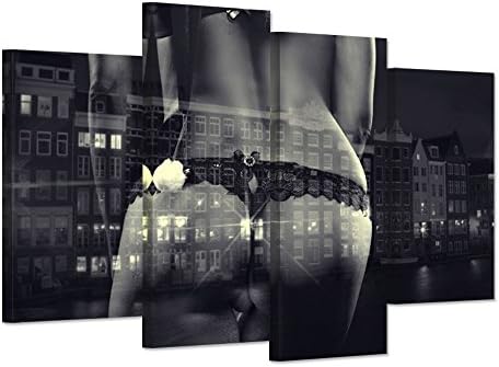 Hello Artwork - Black and White 4 Pieces Canvas Wall Art Sexy Blonde In Red Lingerie Cityscape Double Exposure Amsterdam Red Light District City Picture Print On Canvas For Bedroom Decor Ready To Hang