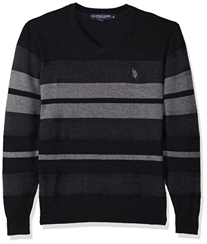 U.S. Polo Assn. Men's Stretch Textured Stripe V-Neck Sweater, Black, Small