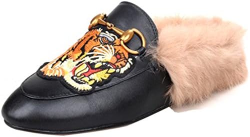 ENMAYER Women's Black Retro Fashion Loafers Round Toe Slip on Flat Outdoor Slippers with Furry and Buckle