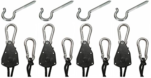 2 Pairs Happy Hydro Light Hangers, Ratchet Straps & Hardware for Grow Lights – Adjustable, Heavy Duty Reflector Hanging Rope – Hydroponics, LED Lights & Indoor Garden Systems – 7’ Long