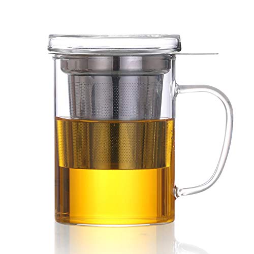 Teeglas mit Sieb Teebereiter mit Tee-Filter, Tee-Sieb und Deckel - Tee-Zubereiter Tea-Maker & Tee-Tasse in Einem; ca. 450 ml (Teamaker - mit Knopf)