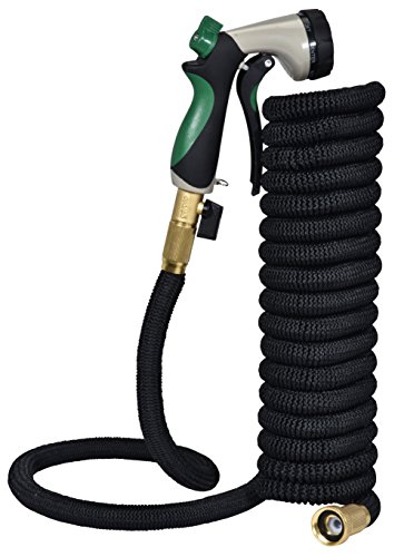 OVAREO Garden Hose 50 Feet + Heavy Duty Spray Nozzle with 8 Functions Flexible and Expandable Water Hose with Triple Latex Core 3/4 Solid Brass Fittings Strong Material to Insure No Leak Kink Free