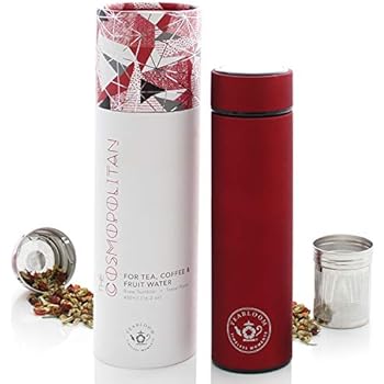 Teabloom All-Purpose Beverage Tumbler - 16 oz - 480 ml - Brushed Metal Insulated Water Bottle/Tea Flask/Cold Brew Coffee Mug - Extra-Fine Two-Way Infuser Travel Bottle - Ruby Red
