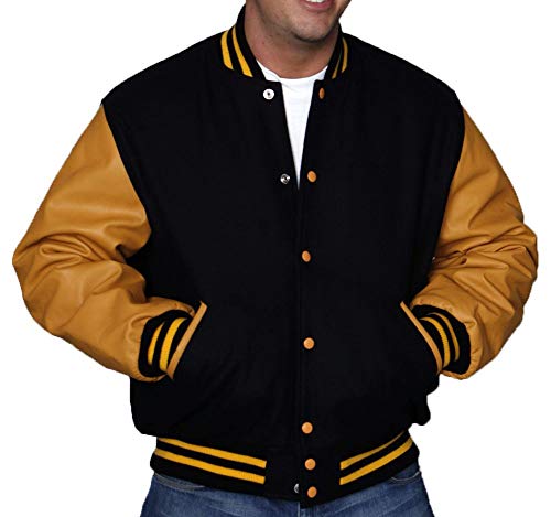 Stewart & Strauss Varsity Letterman Jacket Black Wool & Gold Leather,C134-XL - Thumbnail 7