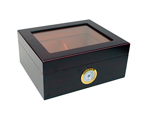 Maypes Desktop Humidor w/Hygrometer – Holds 25-50 Cigars – Cigar Aficionado Set Includes: Tempered Glass Top, Hygrometer, Dehumidifier, Divider – Interior: Spanish Cedar – Exterior: Mahogany Finish