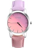 Women Quartz Watches COOKI Clearance Female Watches on Sale Lady Watches Cheap Watches Leather Watch-H15 (Purple pink)