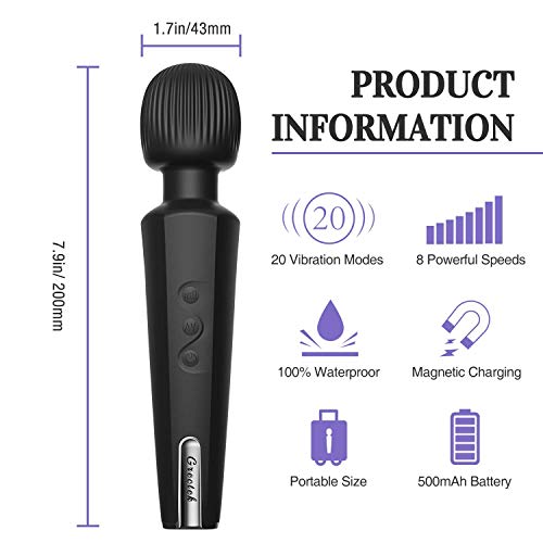 Grectek Wireless Full Body Wand Massager with Separate Electrical Motor,Handheld Waterproof Massager 20 Patterns,Therapeutic Powerful and Rechargeable for Stress Relief (Black) - Thumbnail 4