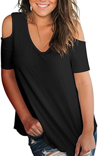 Slimming Girl Women's Casual T Shirt V Neck Cold Shoulder Tops Short Sleeve Tshirt