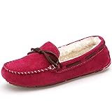 SUNROLAN Women's Winter Flats Suede House Slippers Fur-Lined Moccasins Driving Shoes Slip On Loafers