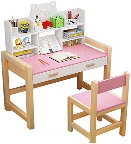 Jia 子供の机と椅子セット 本棚のシンプルなホームスタディデスクピンクとソリッドウッドダブル引き出し付き高さ調節が可能 数量限定アウトレット最安価格 1 Size