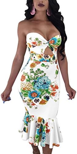 Darceeneth Women Sexy Strapless Floral Print Bodycon Fishtail Summer Dress Party Club Night Wear White XXL