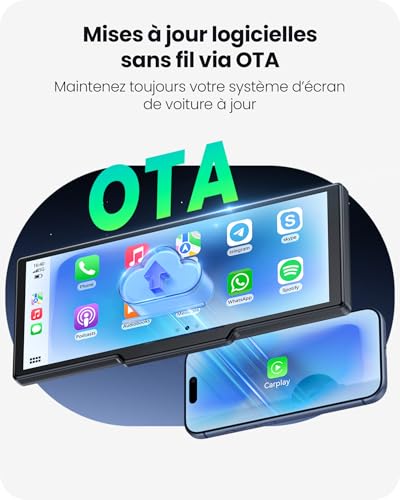 Avaett Écran CarPlay sans Fil 9,26″ Voiture pour Apple CarPlay & Android Auto, Portable Carplay Voiture avec Caméra de Recul, Mirror Link, OTA, Bluetooth 5.2, Navigation GPS, Commande Vocale