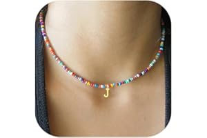 Colorful Beaded Initial Necklaces Letter Necklace Choker Bohemian Necklace Boho 3MM Beads Choker Dainty Necklace