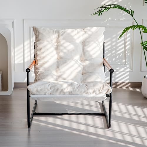 MAXYOYO Modern Accent Chair, Comfy Living Room Chair with Metal Frame Wooden Armrest, Upholstered Armchair with Soft Cushion for Bedroom Balcony Lounge Reading Room, Beige, XXXXX-Small